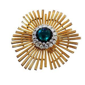 Mid-Century Undulating Atomic Starburst Style Gold Tone & Rhinestone Brooch
